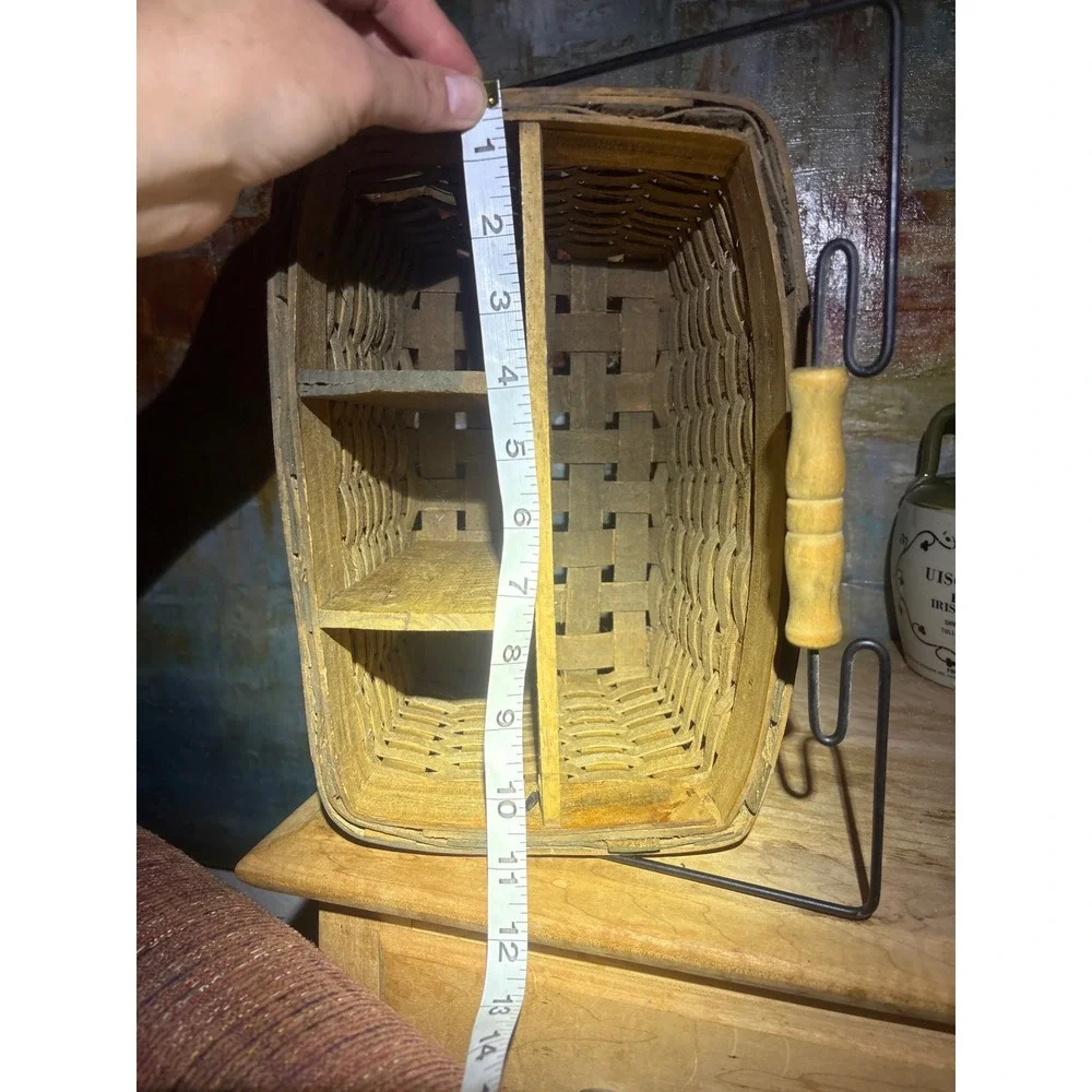 Vintage Woven Wood Divided Basket Hand Painted Apple Farmhouse Rustic Caddy
